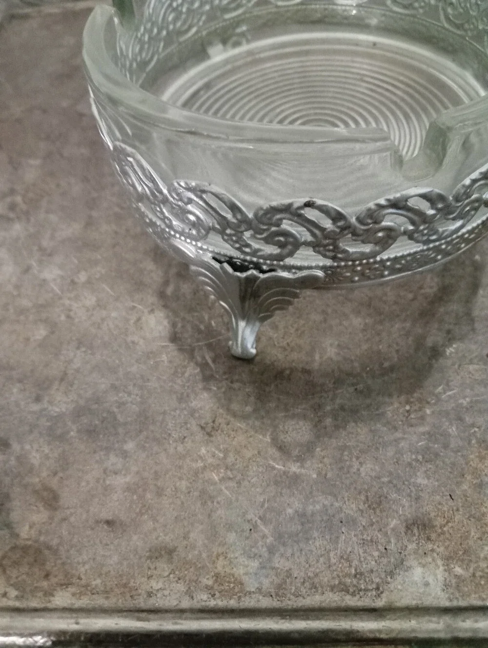 Decorative Glass Trinket Dish with Silver-tone Ornate Base Ashtray